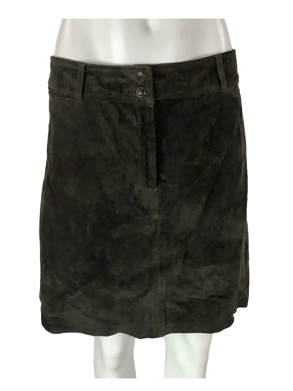 Vintage 90's Ann Taylor Sz 12 100% Leather Suede Dark Green A-Line Fall Skirt